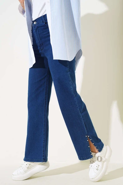 Paça Yanı Taşlı Kot Pantolon Lacivert ürün görseli 1