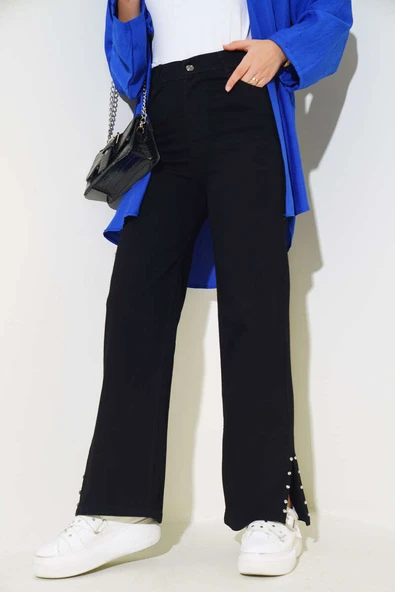 Paça Yanı Taşlı Kot Pantolon Siyah - Resim 2