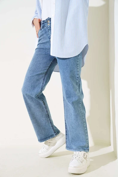 Bel Lastikli Çift Düğmeli Kot Pantolon Açık Mavi - Resim 2