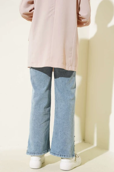 Paça Yanı Taşlı Kot Pantolon Buz Mavisi - Resim 3