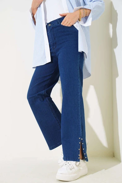 Paça Yanı Taşlı Kot Pantolon Lacivert - Resim 2