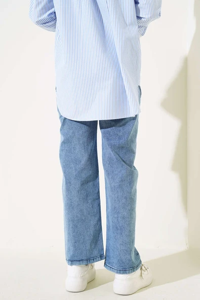 Bel Lastikli Çift Düğmeli Kot Pantolon Açık Mavi - Resim 3