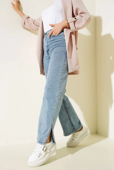 Paça Yanı Taşlı Kot Pantolon Buz Mavisi ürün görseli 1