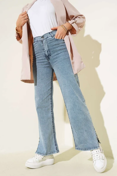 Paça Yanı Taşlı Kot Pantolon Buz Mavisi - Resim 2