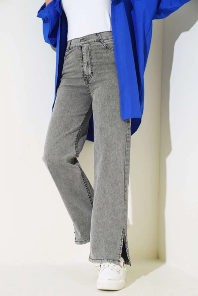 Paça Yanı Taşlı Kot Pantolon Füme - Resim 2