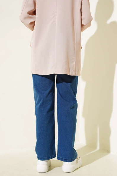 Bel Lastikli Çift Düğmeli Kot Pantolon Lacivert - Resim 3