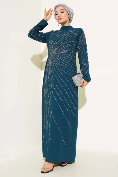 Önü ve Kolu Taş Süslemeli Elbise Petrol ürün görseli 1