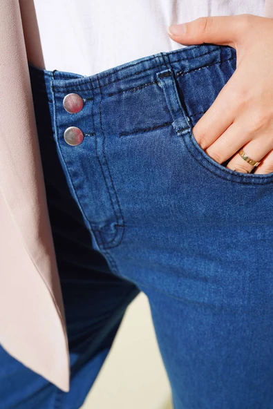 Bel Lastikli Çift Düğmeli Kot Pantolon Lacivert - Resim 4