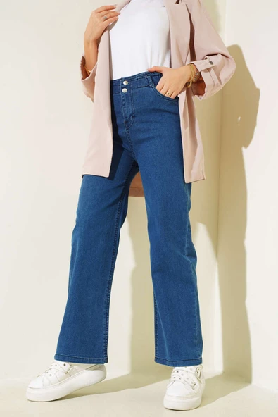 Bel Lastikli Çift Düğmeli Kot Pantolon Lacivert ürün görseli 1