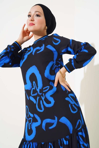 Desenli Ribanlı Elbise Siyah - 2