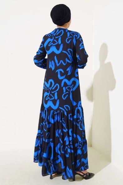 Desenli Ribanlı Elbise Siyah - 3