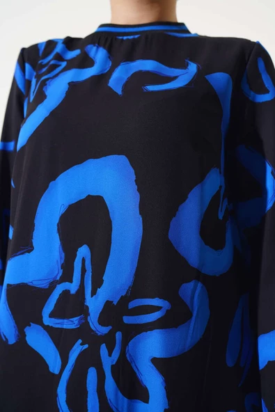 Desenli Ribanlı Elbise Siyah - 4