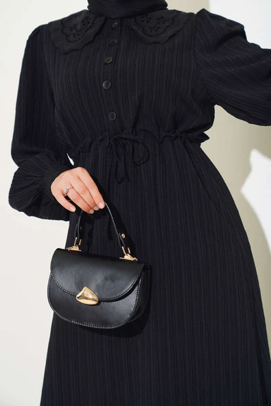 Bel Tünelli Bebe Yaka Elbise Siyah - 4