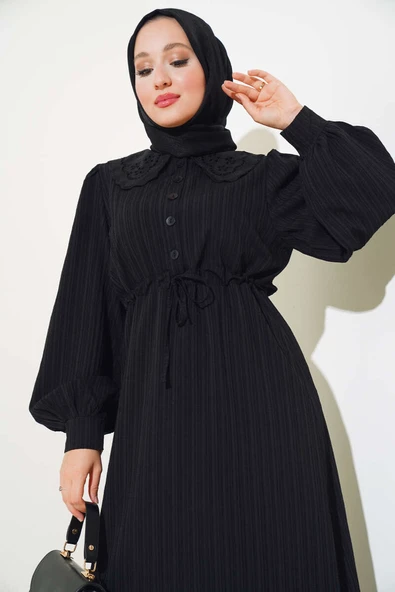 Bel Tünelli Bebe Yaka Elbise Siyah - 2