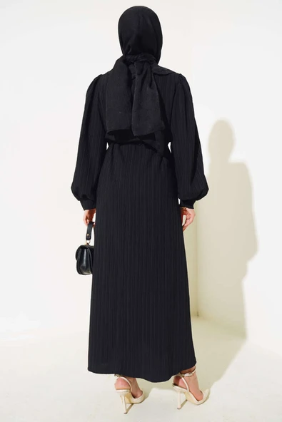 Bel Tünelli Bebe Yaka Elbise Siyah - 3