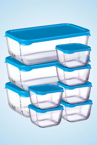 9 Parça Snowbox Mavi Kapaklı Saklama Kabı Takımı / 3 Büyük + 6 Küçük / Özel Set - 3