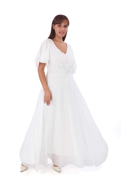 Büyük Beden Kadın Pelerin Kol İşleme Detaylı Dökümlü Beyaz Şifon Nikah Elbisesi KL3045 - 3