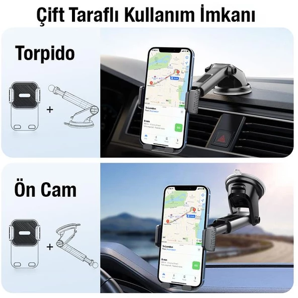 Coofbe Teleskopic Vantuzlu Torpido Üzeri Ve Cama Yapışan Araç Telefon Tutucu 360 Döner Başlık - 2