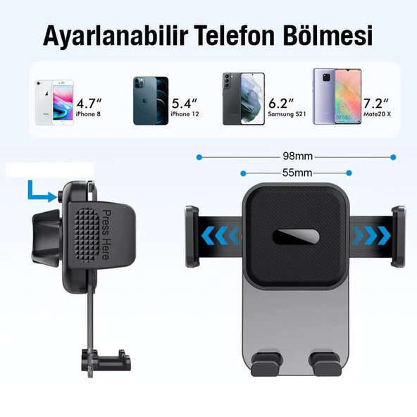 Coofbe Teleskopic Vantuzlu Torpido Üzeri Ve Cama Yapışan Araç Telefon Tutucu 360 Döner Başlık - 4