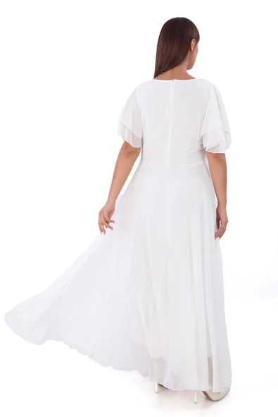 Büyük Beden Kadın Pelerin Kol İşleme Detaylı Dökümlü Beyaz Şifon Nikah Elbisesi KL3045 - 6