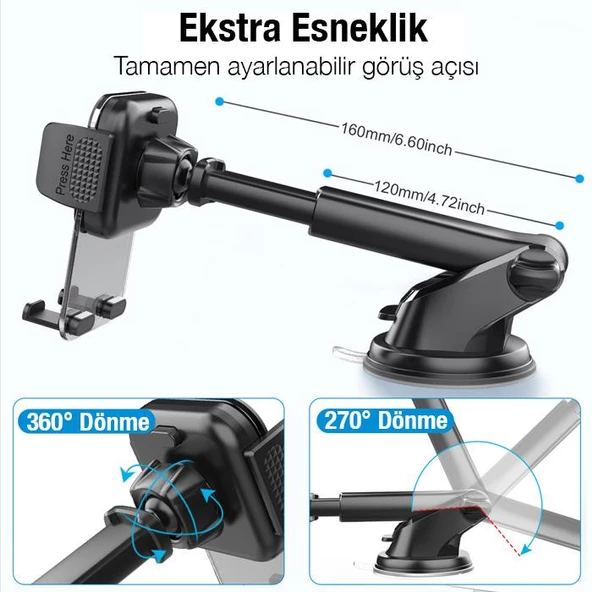 Coofbe Teleskopic Vantuzlu Torpido Üzeri Ve Cama Yapışan Araç Telefon Tutucu 360 Döner Başlık - 3