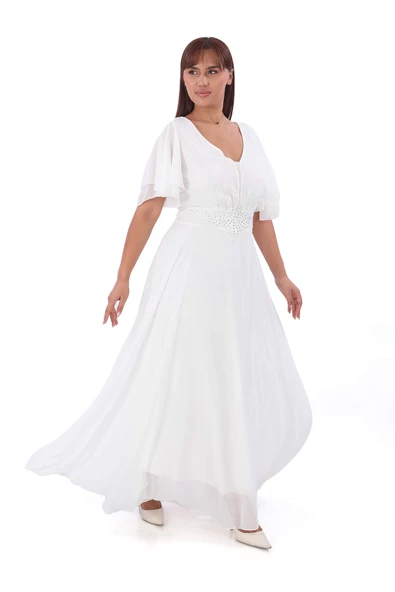Büyük Beden Kadın Pelerin Kol İşleme Detaylı Dökümlü Beyaz Şifon Nikah Elbisesi KL3045 - 4