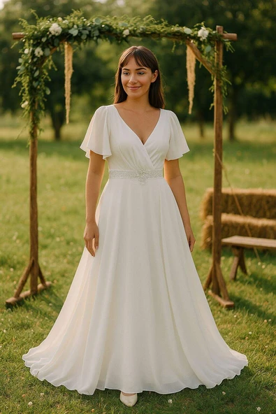 Büyük Beden Kadın Pelerin Kol İşleme Detaylı Dökümlü Beyaz Şifon Nikah Elbisesi KL3045