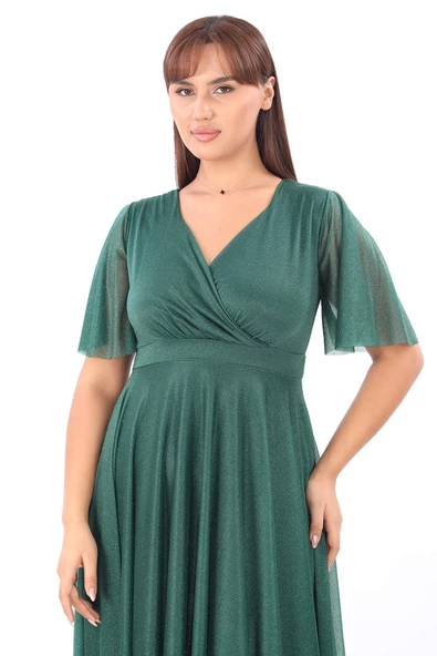 Kadın Kendinden Simli Esnek Tül Zümrüt Yeşil Abiye Elbise KL3051 - Resim 6