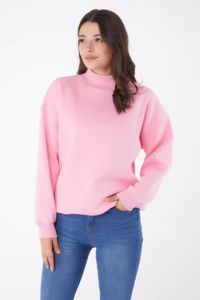 Düz Yarım Balıkçı Yaka Kadın Pembe Sweatshirt - 26047