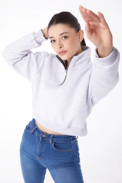 Düz Yarım Balıkçı Yaka Kadın Gri Fermuarlı Mini Sweatshirt - 26051