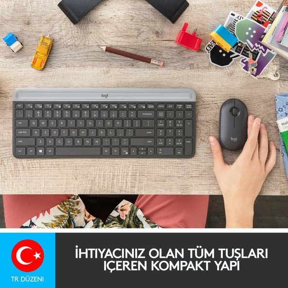 Logitech MK470 Kablosuz İnce Türkçe Klavye Mouse Seti - Gri-Siyah