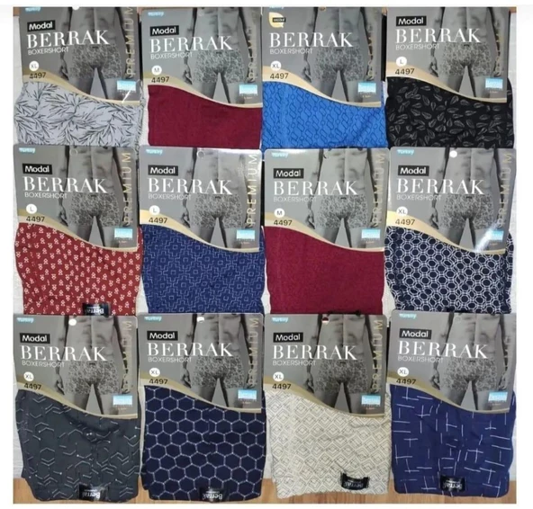 BERRAK 4497 ERKEK MODAL DESENLİ BOXER 12 ADET  S ÇOK RENKLİ