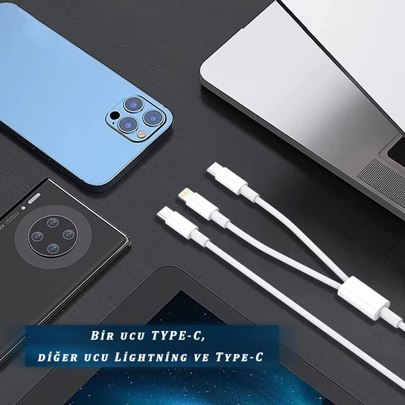 İkisi Bir Arada Çoklu Şarj ve Data Veri Aktarma Kablosu iphone ve Android ile Uyumlu Lightning Type-C 5A - 4