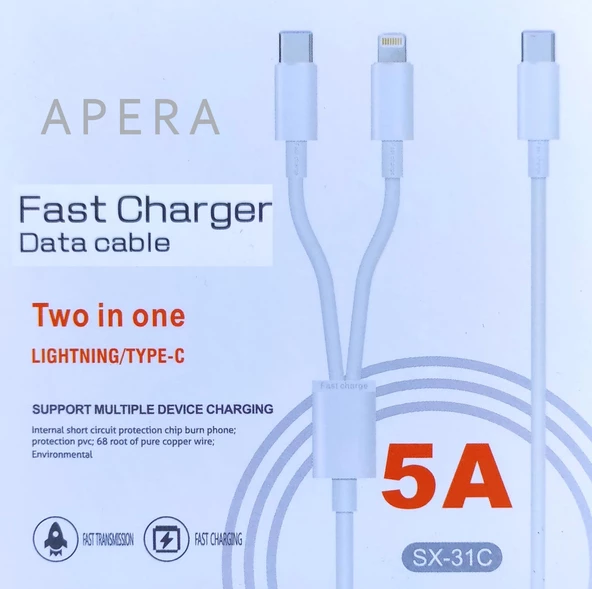 İkisi Bir Arada Çoklu Şarj ve Data Veri Aktarma Kablosu iphone ve Android ile Uyumlu Lightning Type-C 5A - 6