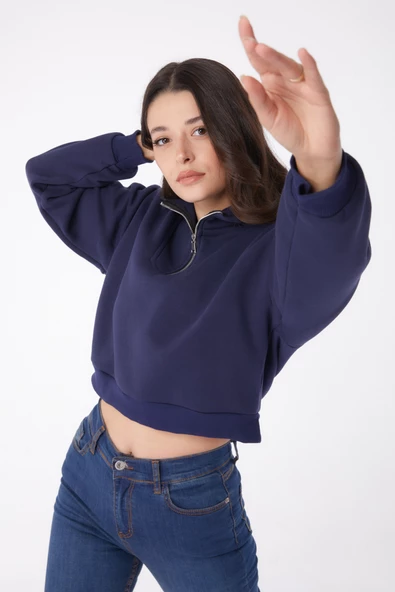 Düz Yarım Balıkçı Yaka Kadın Lacivert Fermuarlı Mini Sweatshirt - 26051