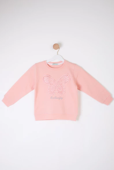 Kız Çocuk Pembe Kelebek Nakışlı Sweatshirt - 26106