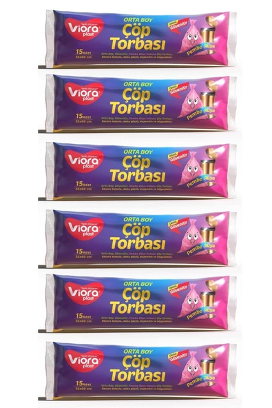 viora Standart Orta Boy Kokulu 6 Paket Çöp Torbası 55x60 Cm 90'lı Rulo Çöp Poşeti - Pembe