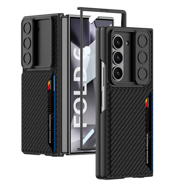 Galaxy Z Fold 6 Kılıf Kamera Korumalı Karbon Fiber Arka Yüzey  Kartlıklı Kıpta Sert Kapak - 2
