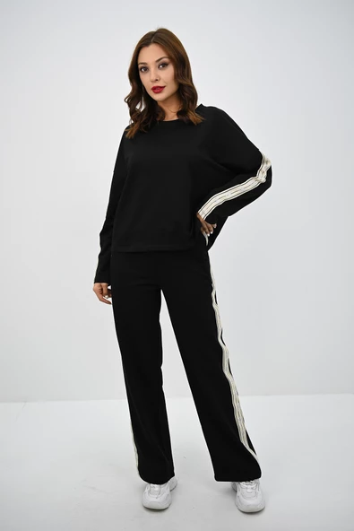 Kadın Rahat Kalıp Uzun Kollu Şeritli Bol Paça Eşofman Takımı 4120-25 - 3