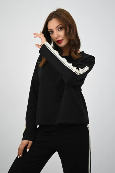 Kadın Rahat Kalıp Uzun Kollu Şeritli Bol Paça Eşofman Takımı 4120-25 - 4