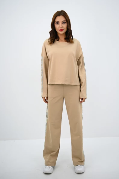 Kadın Rahat Kalıp Uzun Kollu Şeritli Bol Paça Eşofman Takımı 4120-25 - 7