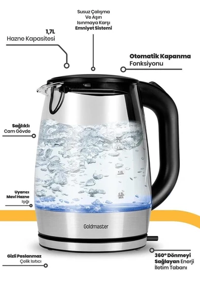 Goldmaster Aquarıne IN-6342 2200 W 1.7 lt Işıklı Cam Kettle - 6
