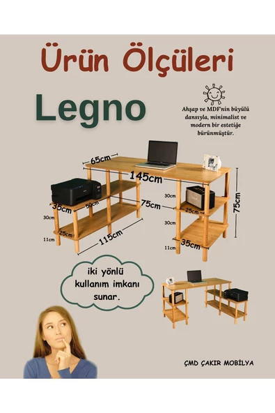 ÇMD ÇAKIR MOBİLYA Legno Çalışma Masası: Minimalist Mdf, Ahşap Ayak Ve Yazıcı Rafı - 2