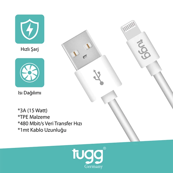 Tugg Germany Orjinal Hızlı Şarj Kablosu 1m USB-Lightning Uyumluluk (Apple İos İçin) 104600 - 2