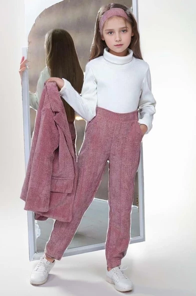 Kız Çocuk Fitilli Boğazlı Kazak Hakim Yaka Ceket Kadife Pantolon Gül Kurusu Alt Üst Takım - 2