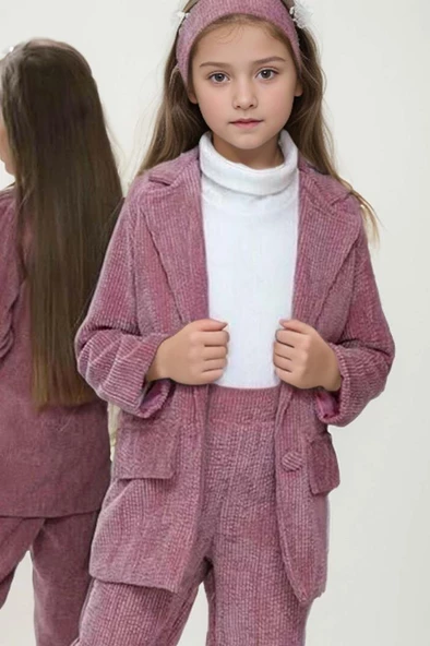 Kız Çocuk Fitilli Boğazlı Kazak Hakim Yaka Ceket Kadife Pantolon Gül Kurusu Alt Üst Takım - 3