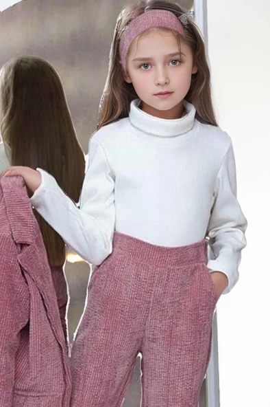 Kız Çocuk Fitilli Boğazlı Kazak Hakim Yaka Ceket Kadife Pantolon Gül Kurusu Alt Üst Takım - 4