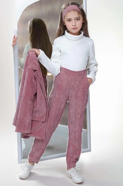 Kız Çocuk Fitilli Boğazlı Kazak Hakim Yaka Ceket Kadife Pantolon Gül Kurusu Alt Üst Takım - 6