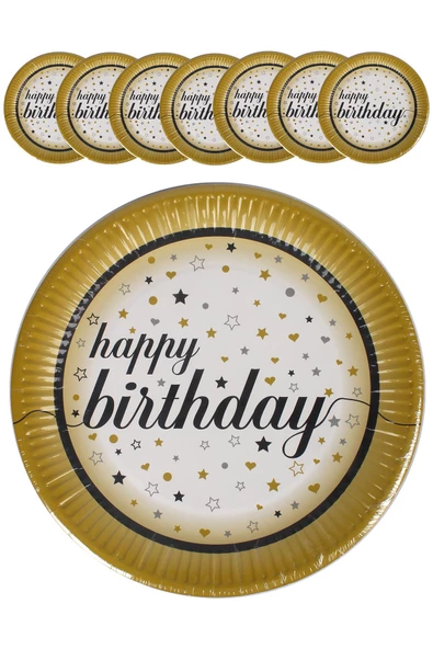 Kına Atölyesi Doğum Günü Hapy Brithday Tabak Siyah Gümüş 8 Adet