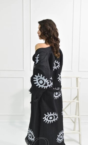 Bornoz ,Plaj Kıyafeti,Kimono , Kaftan ,Sabahlık Siyah Kumaş Büyük Göz  Desen Baskılı - 4
